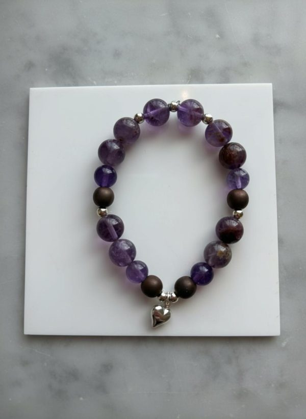Super 7 & Amethyst Sterling Silver Puffy Heart Bracelet