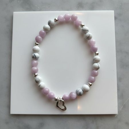 White Howlite & Kunzite Sterling Silver Heart Bracelet