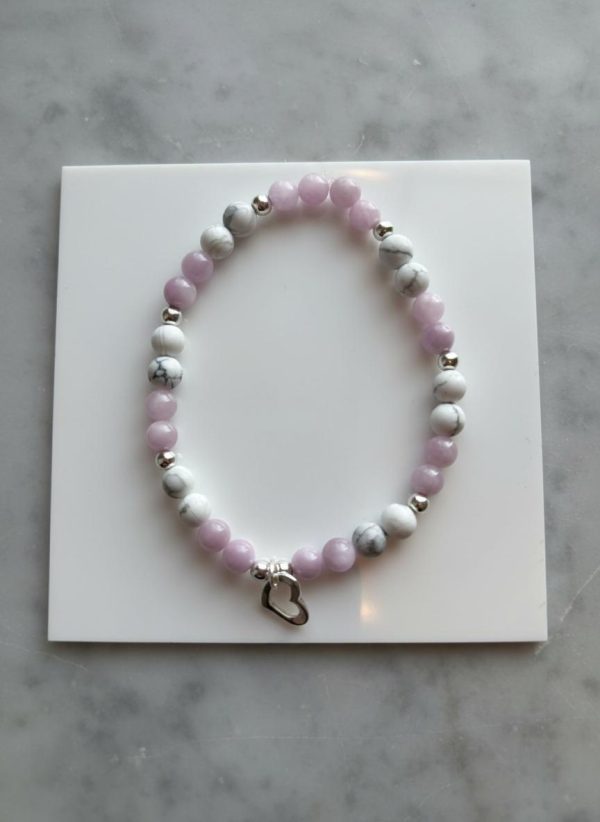 White Howlite & Kunzite Sterling Silver Heart Bracelet