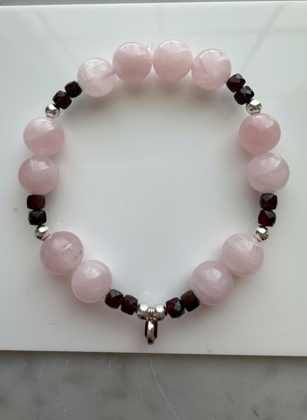 Rose Quartz & Garnet Cube Sterling Silver Birthstone Bracelet