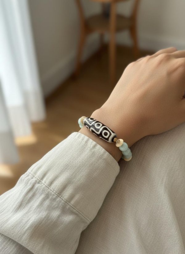 Green Angelite & Tibetan Agate Natural Wood Bead Bracelet