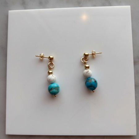 Arizona turquoise drop earrings with magnesite beads, 14K gold beads and 14K gold ear hooks.