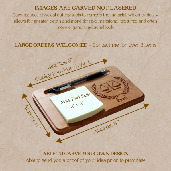 Carved Wooden Lady of Justice Sticky Note Holder: Personalized Notepad & Pen Organizer